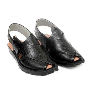 Printed Black Norozi Chappal with China Cut Shape – 09212